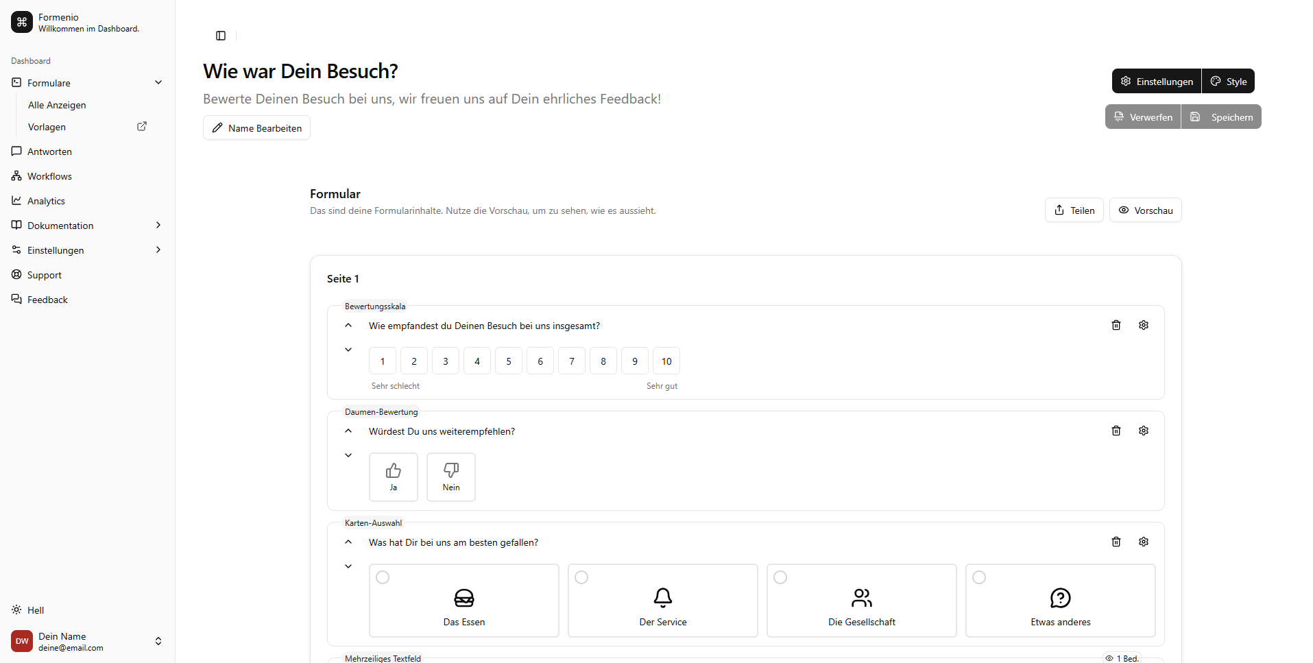 Formenio No-Code Formular-Editor mit Formularfeldern und Einstellungen