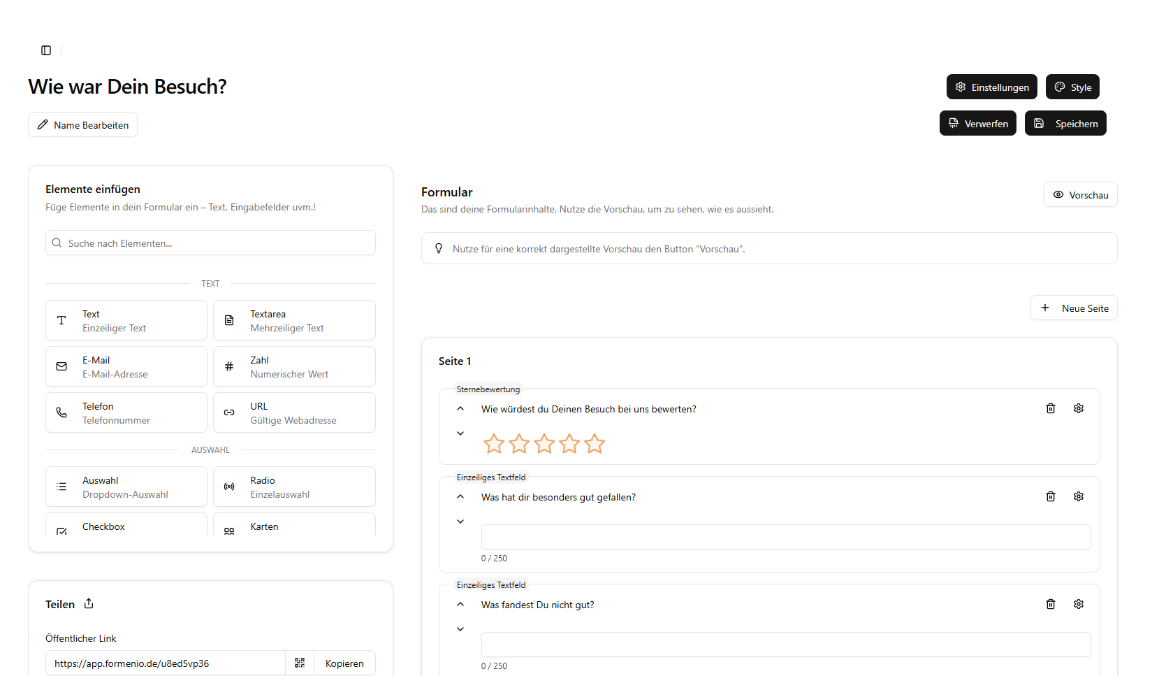 Formular Builder Editor Oberfläche mit Feldern - Light Mode